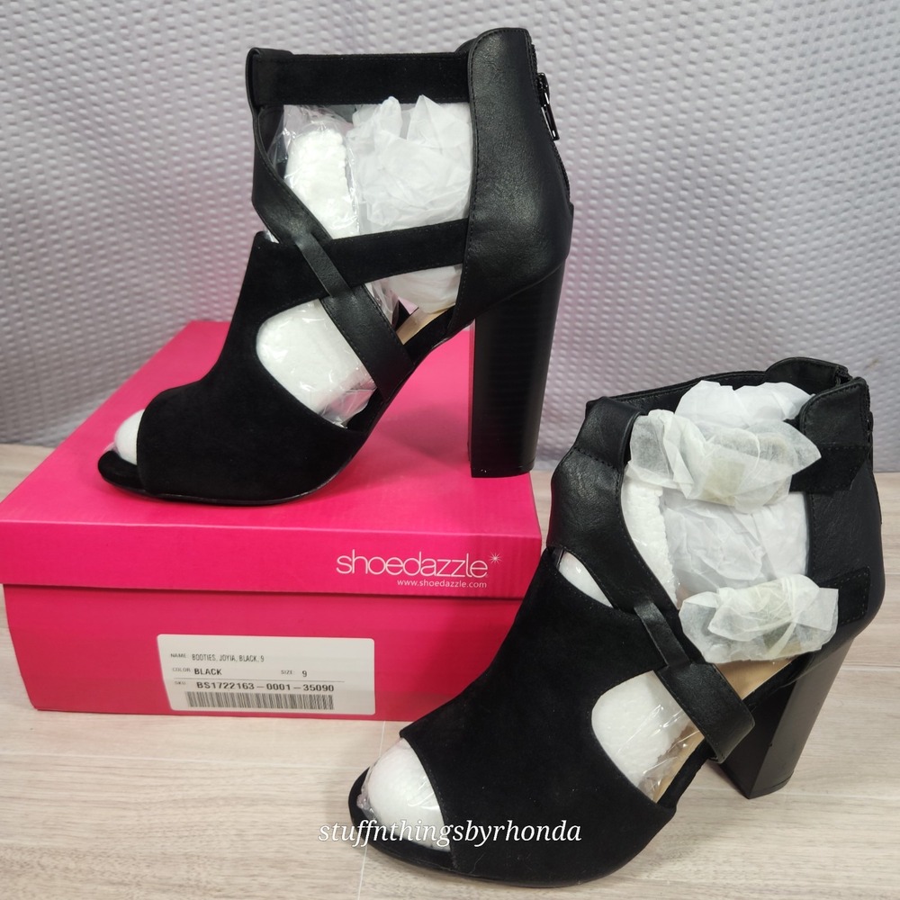 New In Box - Shoedazzle Joyia black Open-Toe Ankle Strap Faux Suede Chunky Heels
